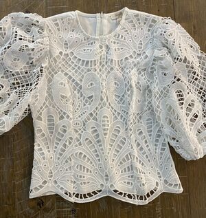 Peach White Guipure Lace Balloon Sleeve Blouse